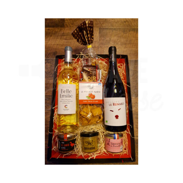 Colis Gourmand 7 Produits - Belle Emilie Blanc Le Renard Rouge Cadeaux Entreprise CE, IDEES CADEAUX, Colis Gourmands, colis gourmand, épicerie fine en Mayenne, épicerie fine Laval, epicerie produits locaux, idée cadeau, panier garni, panier gourmand à laval, panier mayennais, panier produits locaux, produits du terroir en mayenne, produits du terroir laval, Produits fermiers de la Mayenne, produits locaux de la mayenne, produits mayennais, vins