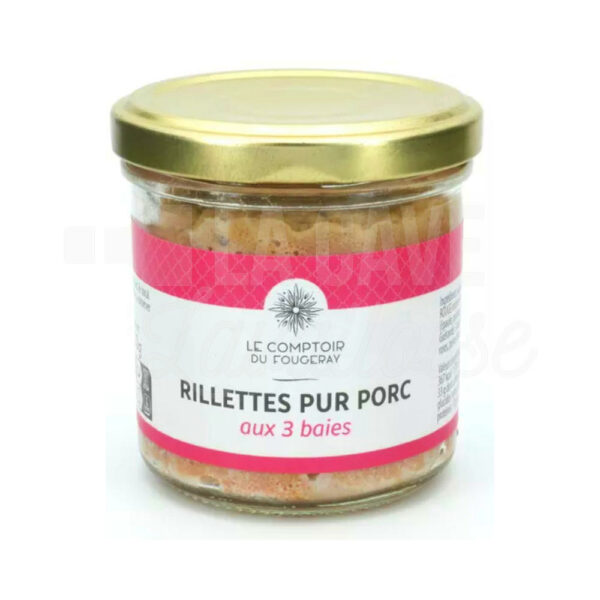 Rillettes Pur Porc aux 3 Baies - Le Comptoir du Fougeray - 120gr Le Comptoir du Fougeray, Produits de la Mayenne, Tartinables Apéritif, Terrines - Rillettes - Pâtés, Produits Salés, aperitif, colis gourmand, gourmet, pâté, porc, producteur, produit de qualité, rillettes, tartinable, terrine, verrines