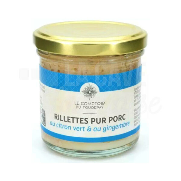 Rillettes Pur Porc au Citron vert & au Gingembre - Le Comptoir du Fougeray - 120gr Le Comptoir du Fougeray, Produits de la Mayenne, Tartinables Apéritif, Terrines - Rillettes - Pâtés, Produits Salés, aperitif, colis gourmand, gourmet, pâté, porc, producteur, produit de qualité, rillettes, tartinable, terrine, verrines